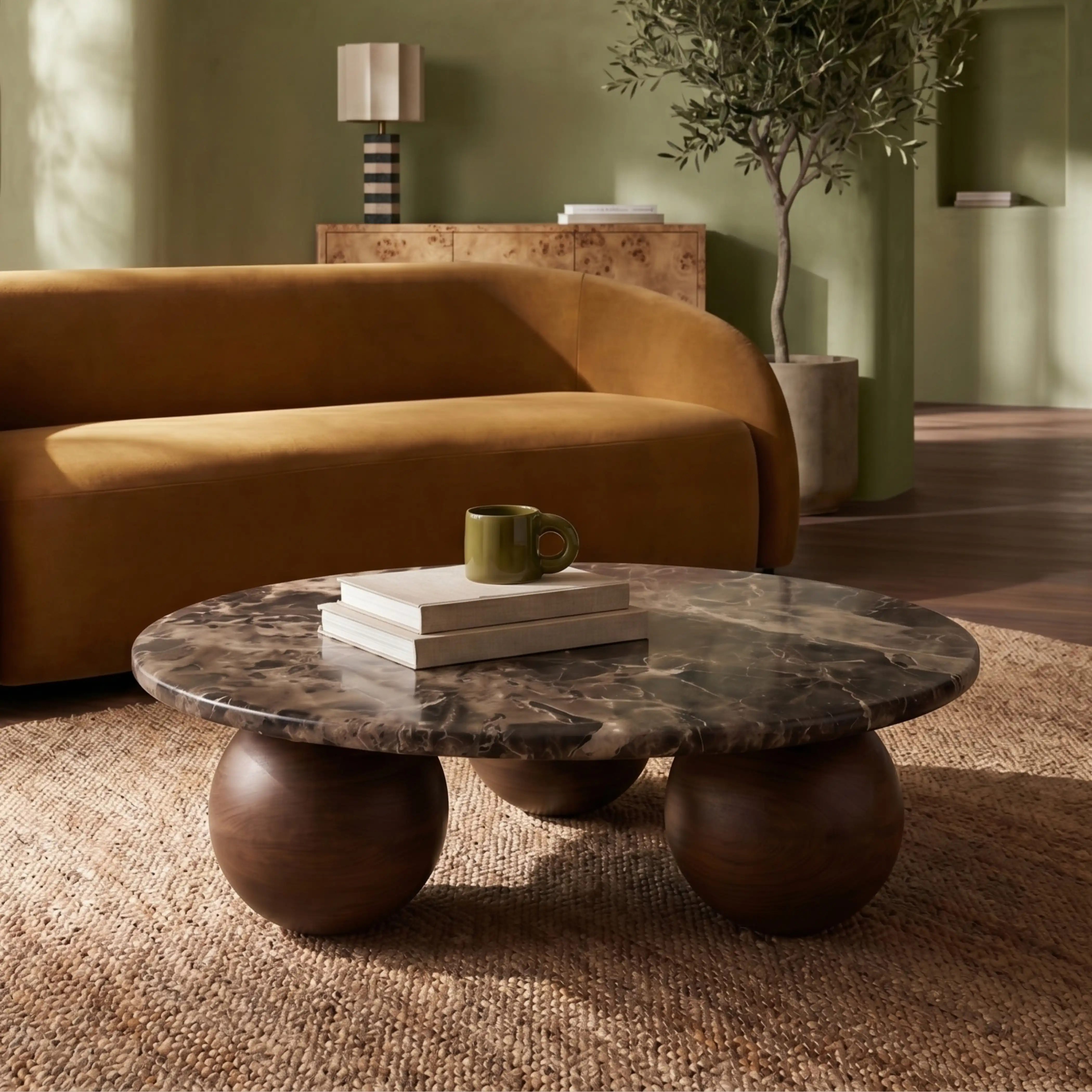 Faye Round Coffee Table Travertine Walnut